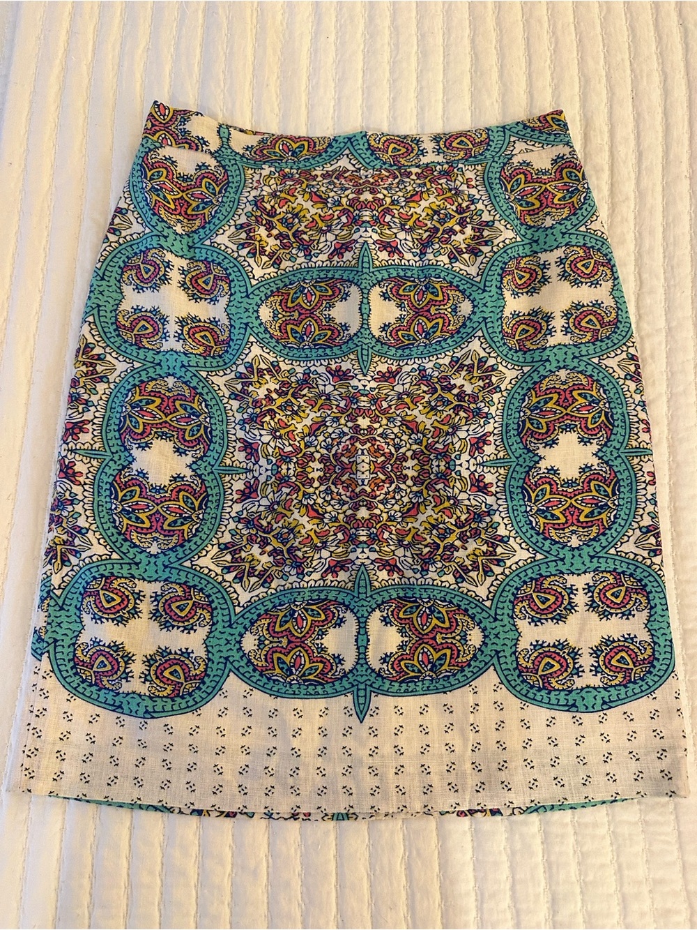 Maeve Turquoise and Cream Tile-Print Pencil Skirt